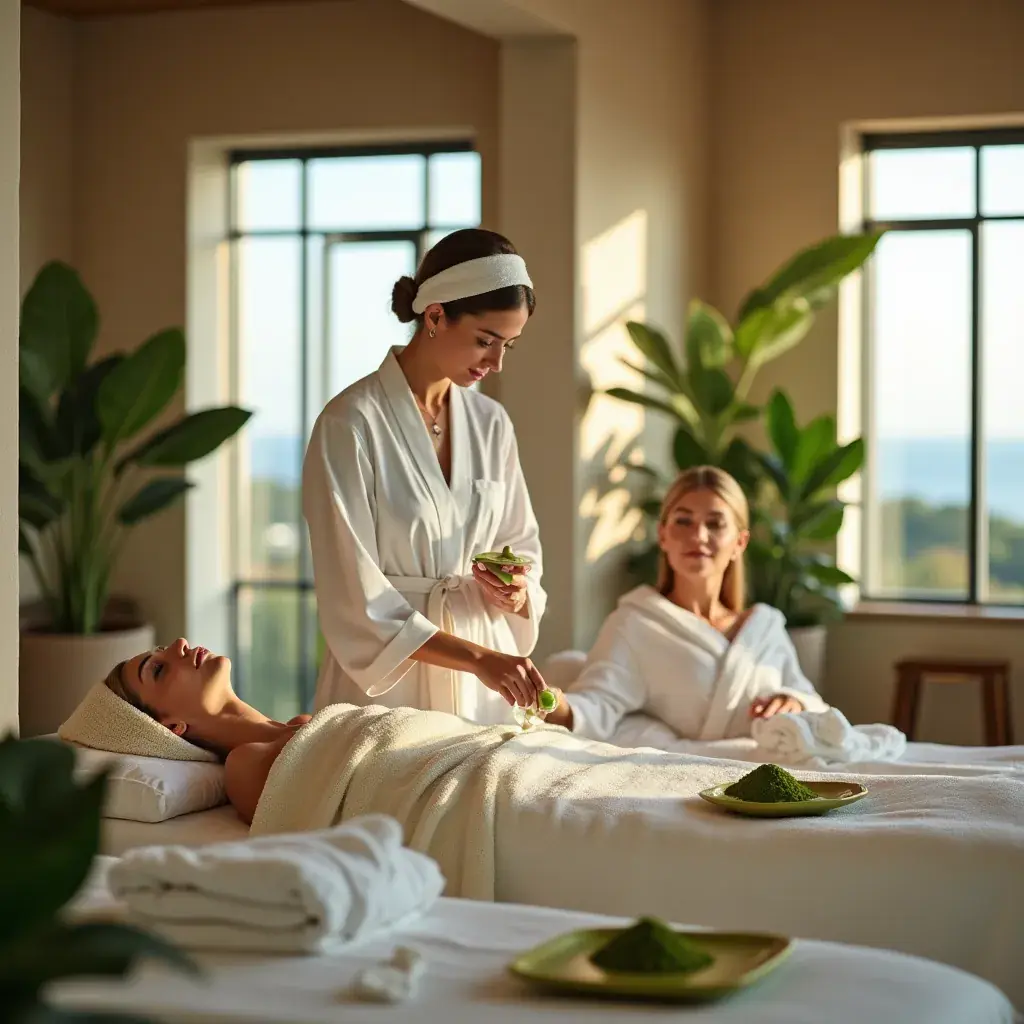 Mesa decorada con productos de té verde y utensilios.